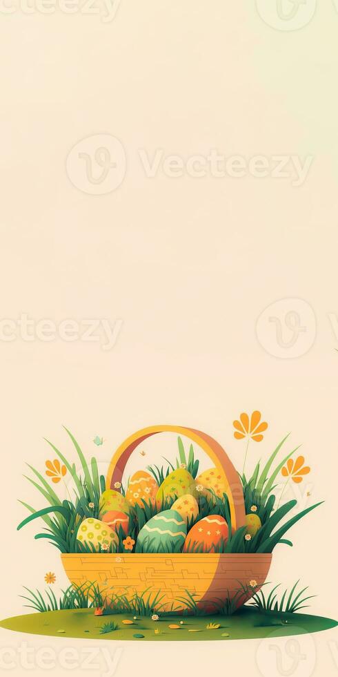 Illustration von bunt Blumen- Ostern Eier Korb auf Gras gegen kosmisch Latté Hintergrund und Kopieren Raum. glücklich Ostern Tag Konzept. foto