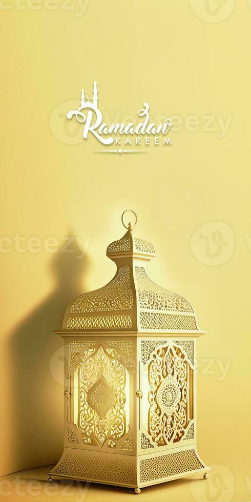 Ramadan kareem Vertikale Banner Design mit 3d machen, golden exquisit Arabisch Lampe auf Gelb Hintergrund. foto