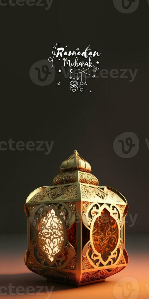 Ramadan Mubarak Banner Design mit realistisch beleuchtet Arabisch Lampe auf braun Hintergrund. foto
