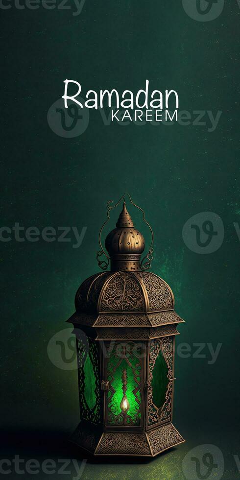 Ramadan kareem Banner Design mit realistisch beleuchtet Arabisch Lampe auf blaugrün Grün Hintergrund. foto