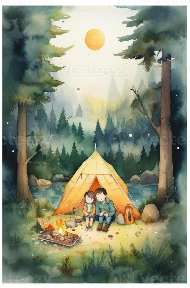 Camping im das Berge. Aquarell ein Familie im Natur Landschaft, Berg ,Abenteuer, Reisen Wohnwagen Camping generativ ai. foto