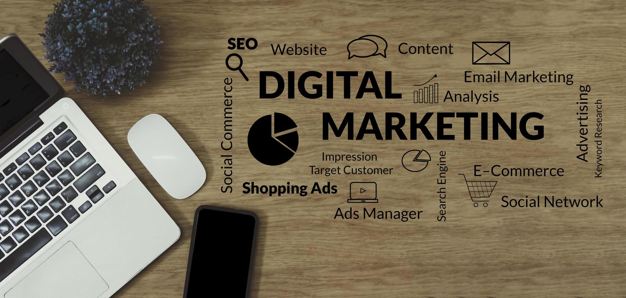 Online-Strategie für digitales Marketing und Geschäftsanalyseplan. Geschäftskonzept, Draufsicht foto