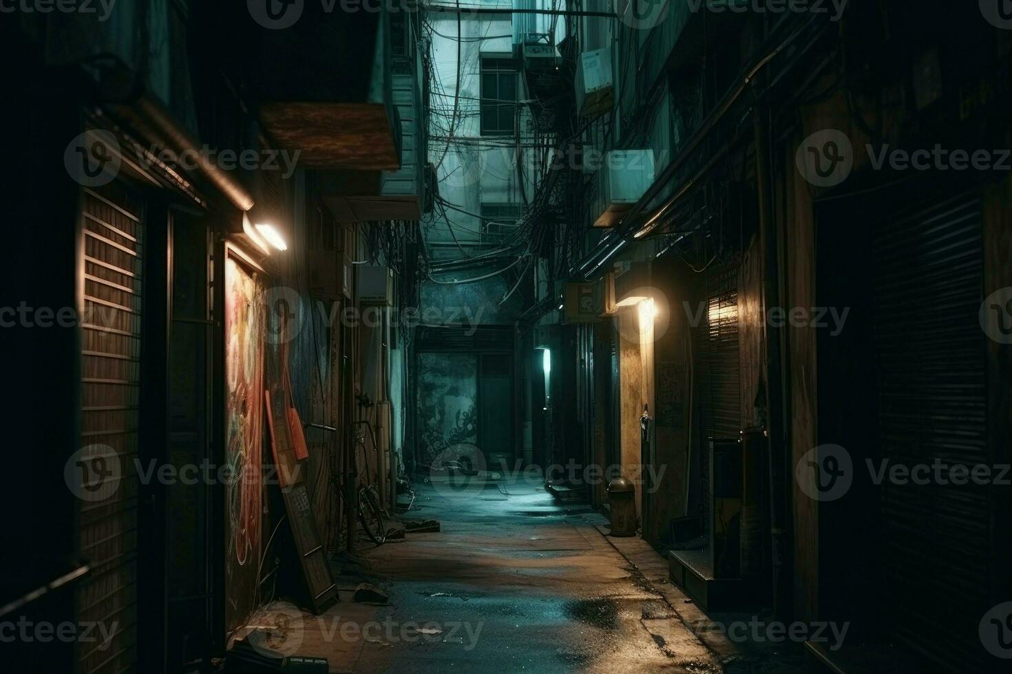 Stadt eng Gasse Nacht Licht. generieren ai foto