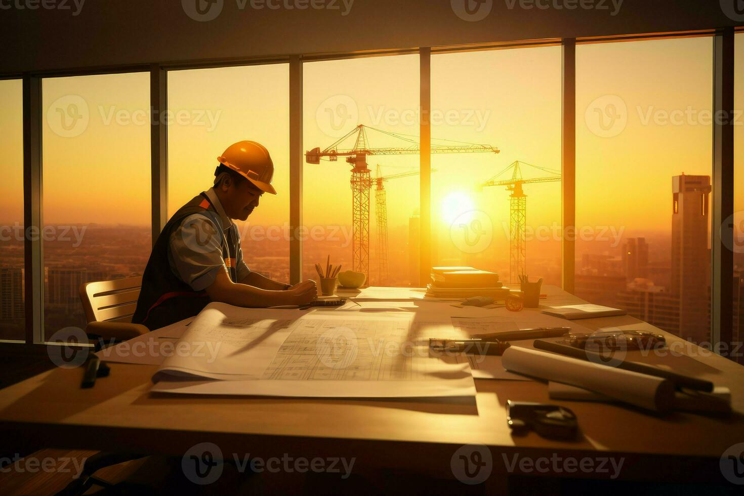 Architekt Büro Arbeit beim Sonnenuntergang. generieren ai foto