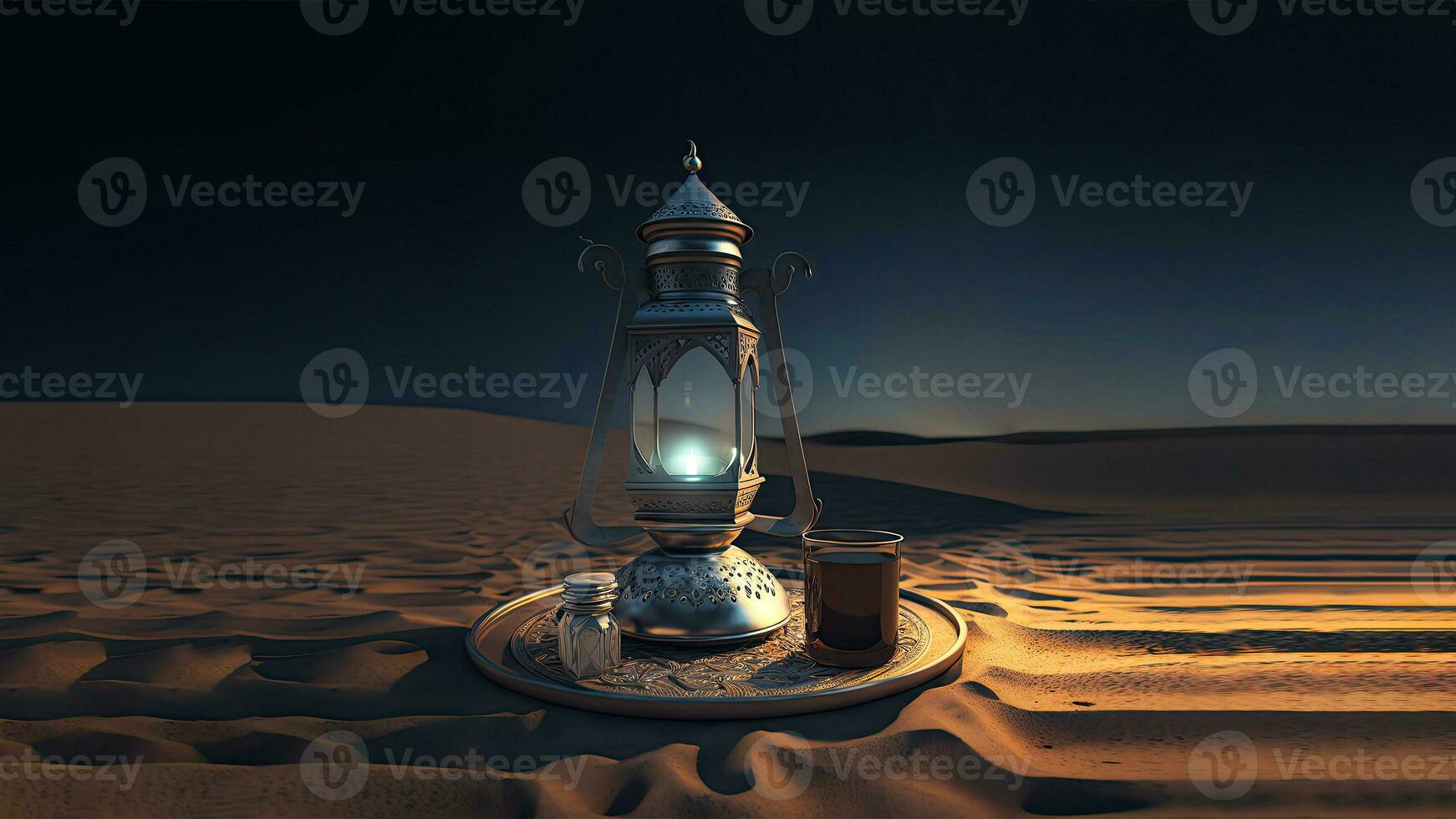 3d machen von Silber Arabisch Krug mit Glas auf Teller gegen Sand Düne. islamisch religiös Konzept. foto