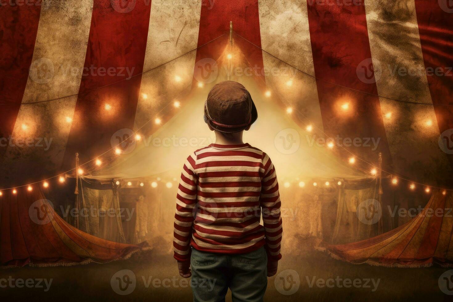 Zirkus Zelt Arena Künstler gestreift Kind. generieren ai foto