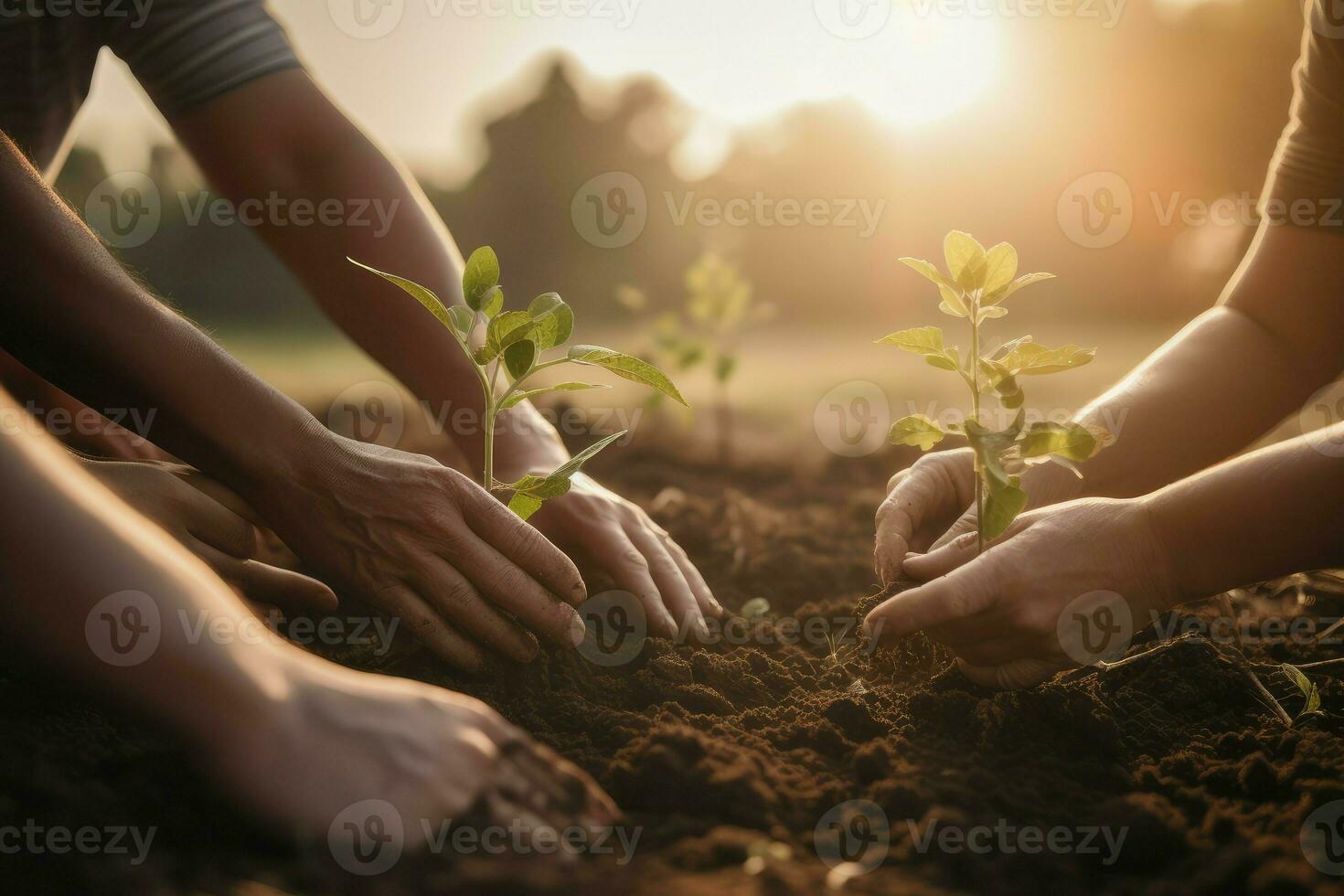 Pflanzen Menschen Pflanzen Sonnenuntergang. generieren ai foto