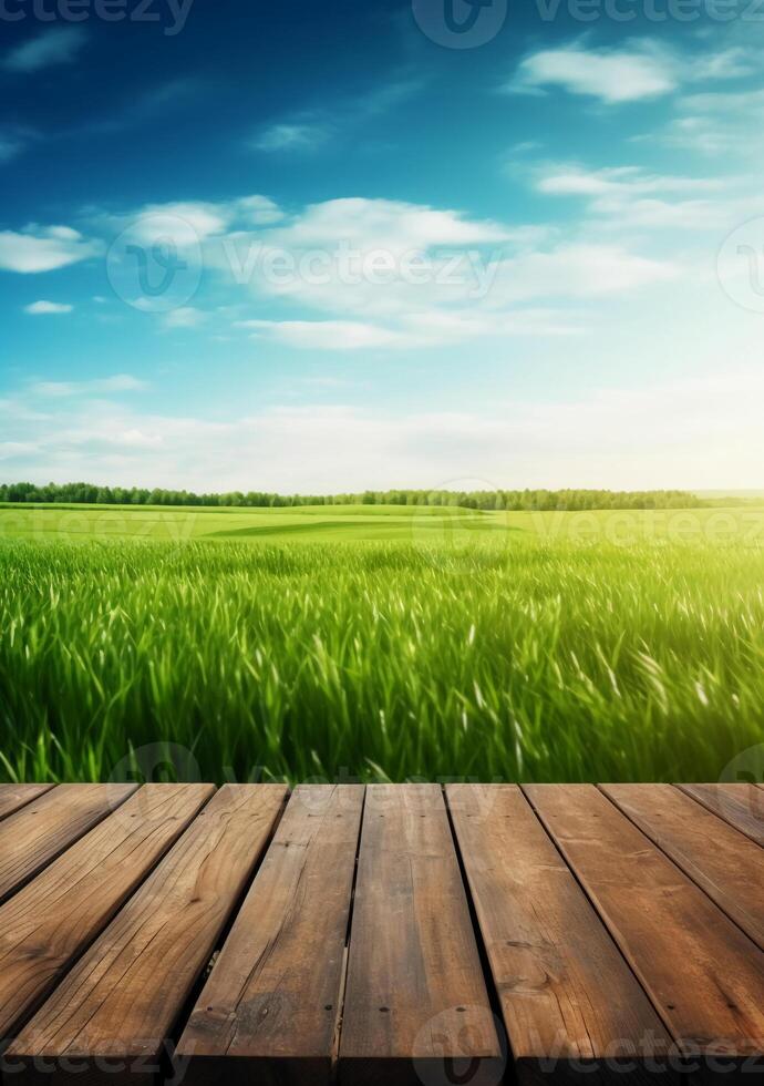 Frühling Sommer- schön Hintergrund mit Grün saftig jung Gras und leeren hölzern Tabelle im Natur draussen. natürlich Vorlage Landschaft mit Blau Himmel und Sonne. ai generativ foto