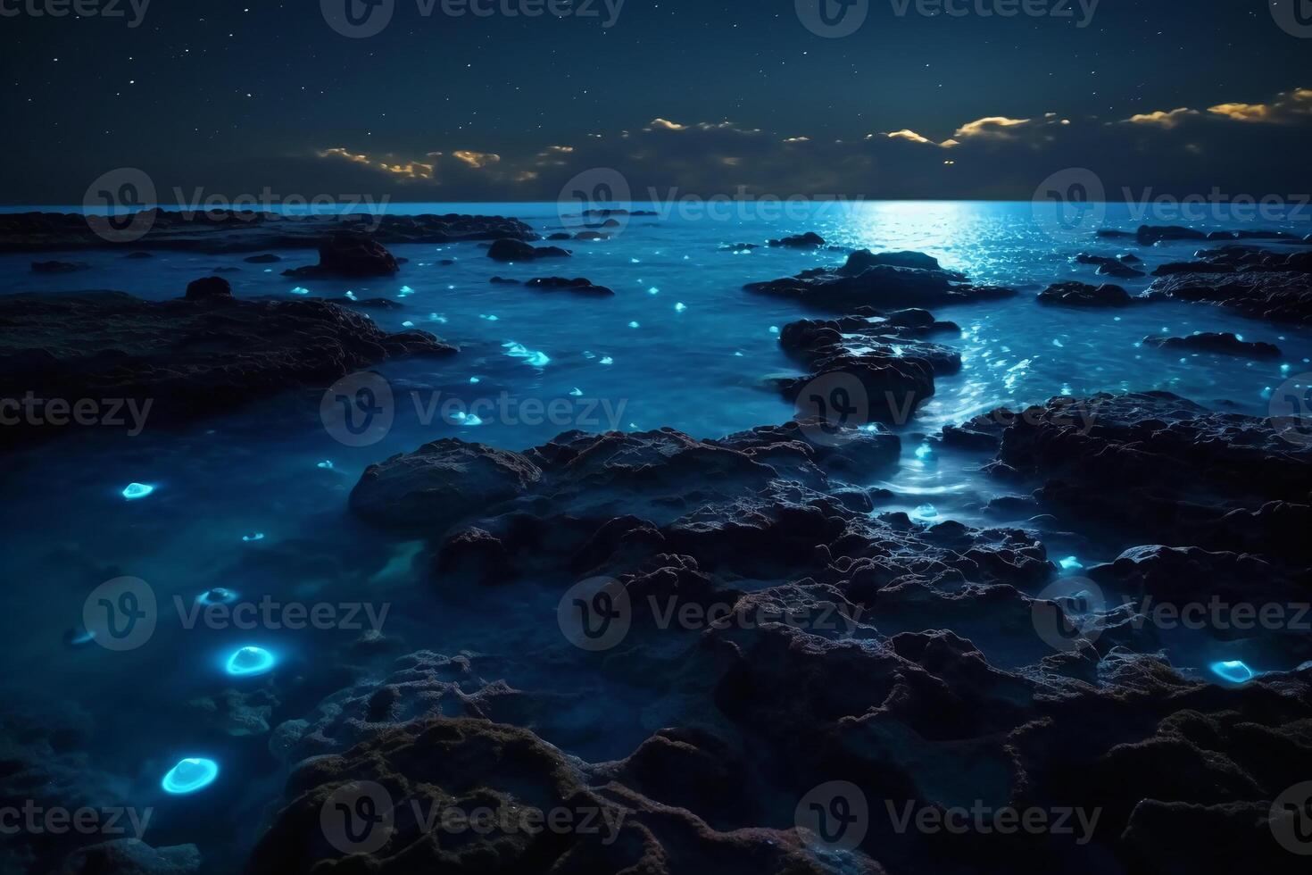 Ozean Ufer beim Nacht, das Wasser ist voll von Dinoflagellaten, glühend mit Millionen hell Blau Neon- glühen im das dunkel winzig Punkte. ai generativ foto