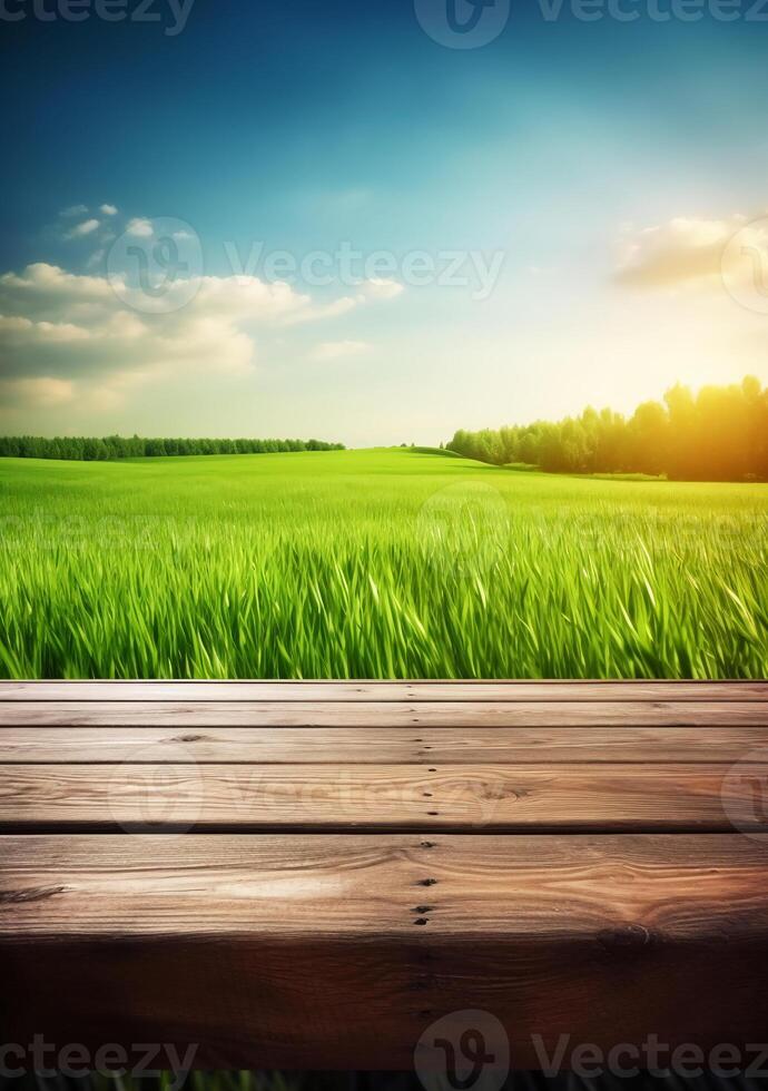 Frühling Sommer- schön Hintergrund mit Grün saftig jung Gras und leeren hölzern Tabelle im Natur draussen. natürlich Vorlage Landschaft mit Blau Himmel und Sonne. ai generativ foto