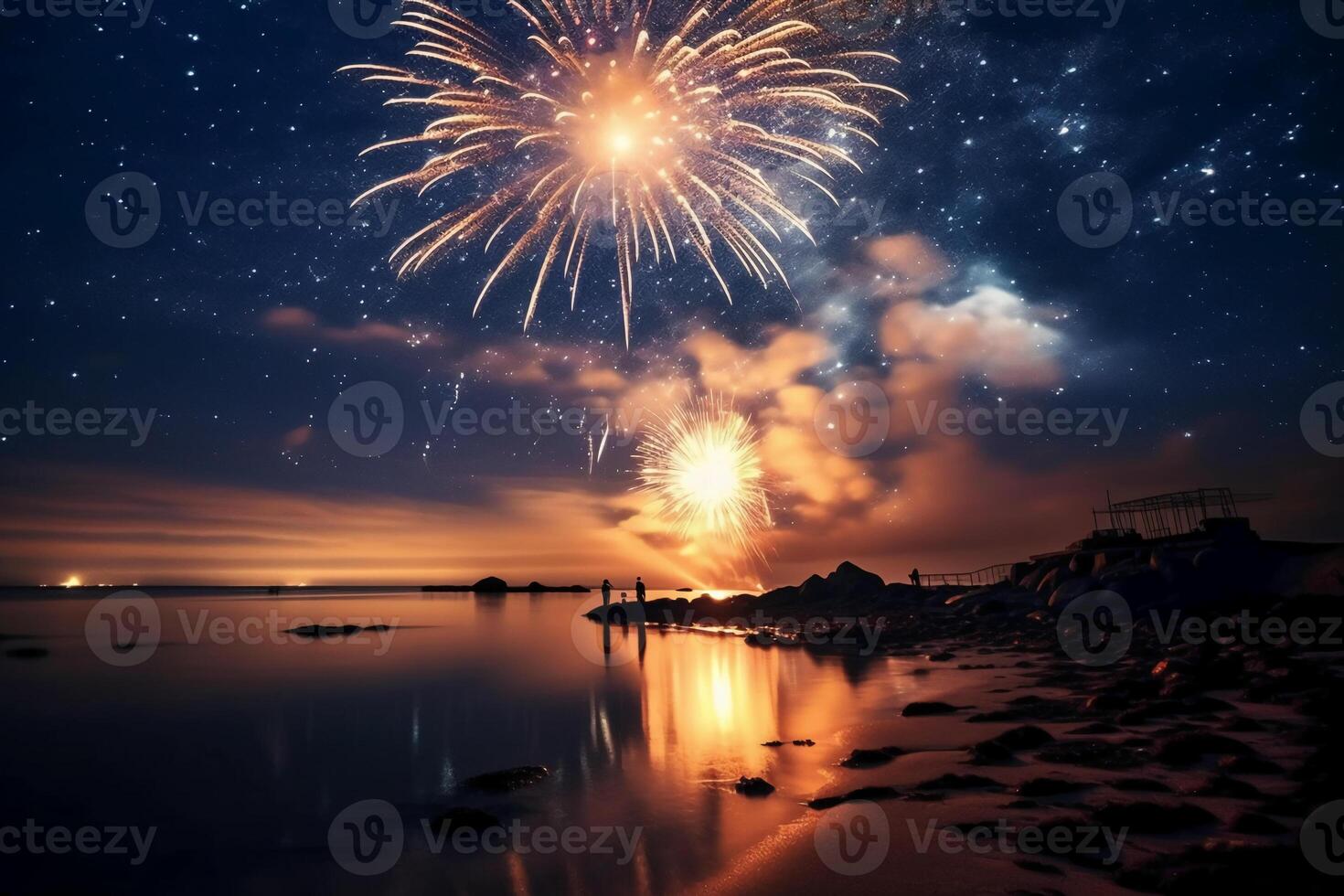 Feuerwerk Nacht Meer Stern. ai generativ foto