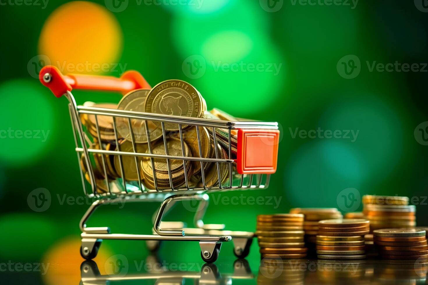 Finanzen und Geld Konzept. Münzen im Einkaufen Karren auf Licht Bokeh Grün Hintergrund. ai generativ foto