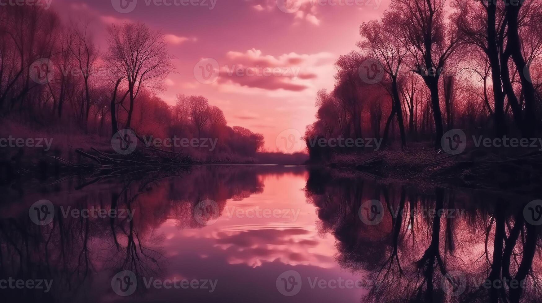 ein Szene im welche das ganz lila Himmel ist reflektiert im das Wasser. ai generativ foto