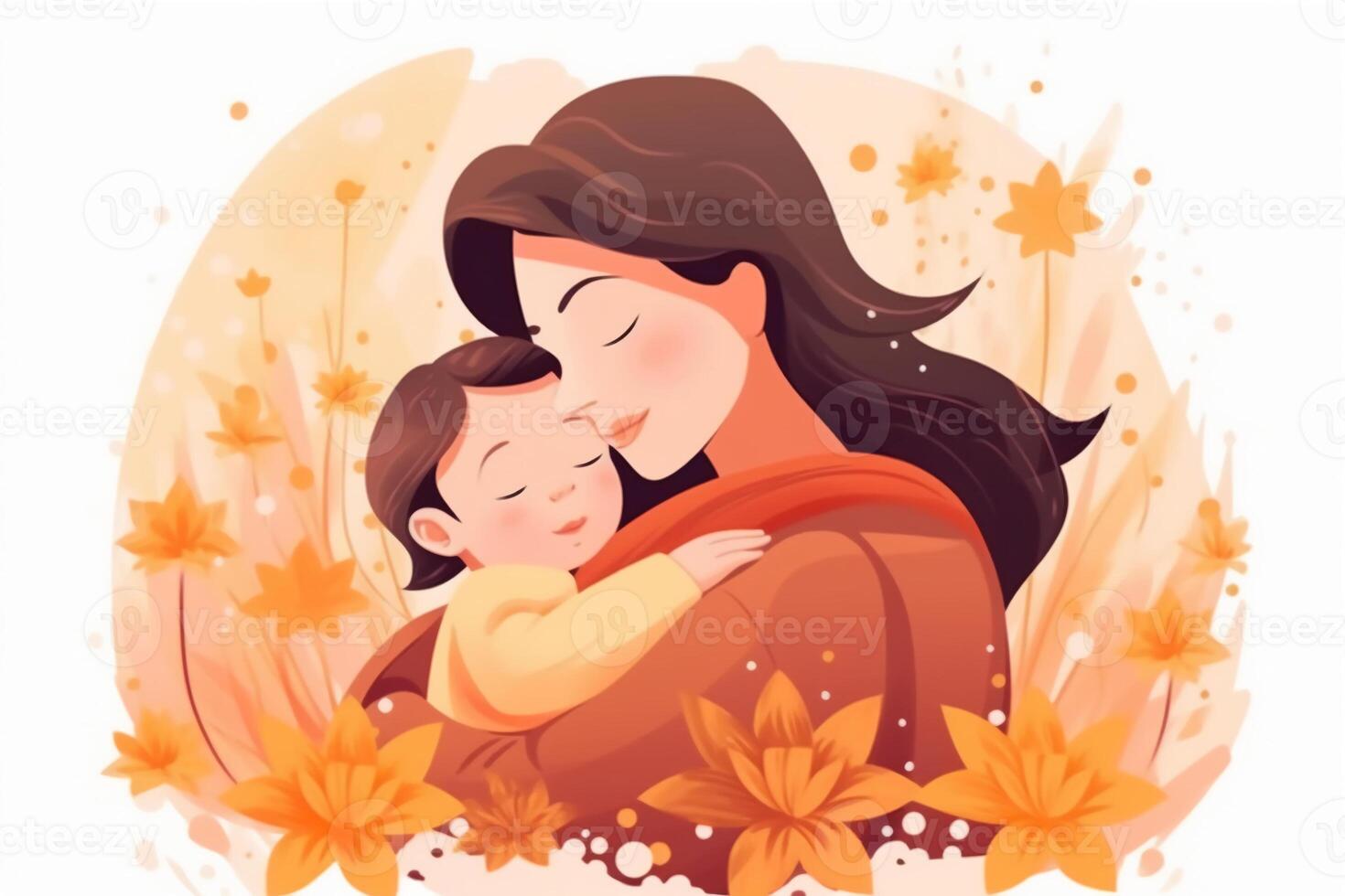 Illustration von Mutter mit ihr wenig Kind, Blume im das Hintergrund. Konzept von Mütter Tag, Mütter Liebe, Beziehungen zwischen Mutter und Kind. ai generativ foto