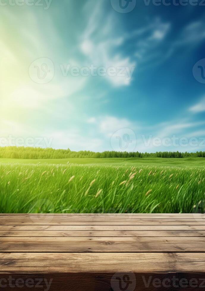 Frühling Sommer- schön Hintergrund mit Grün saftig jung Gras und leeren hölzern Tabelle im Natur draussen. natürlich Vorlage Landschaft mit Blau Himmel und Sonne. ai generativ foto