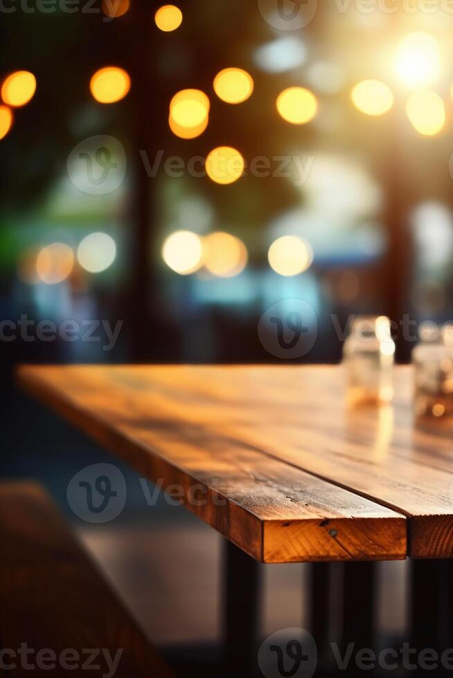 Bild von hölzern Tabelle im Vorderseite von abstrakt verschwommen Hintergrund von Restaurant Beleuchtung. ai generativ foto