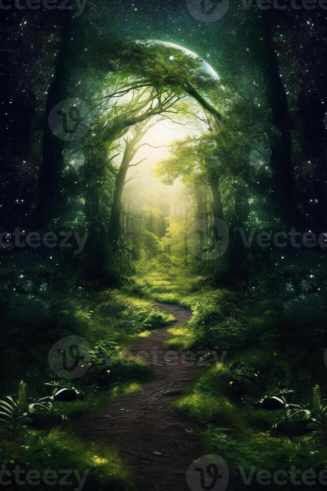ein mystisch Wald Pfad mit hoch aufragend Bäume Bildung ein natürlich Torbogen. ai generativ foto