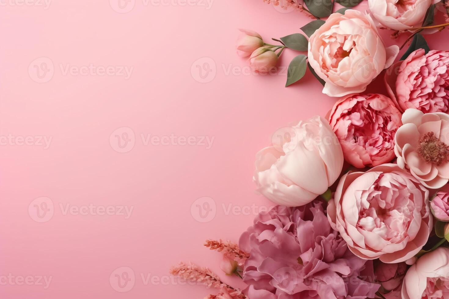 Pfingstrosen, Rosen auf Rosa Hintergrund mit Kopieren Raum. abstrakt natürlich Blumen- Rahmen Layout mit Text Raum. romantisch feminin Komposition. ai generativ foto