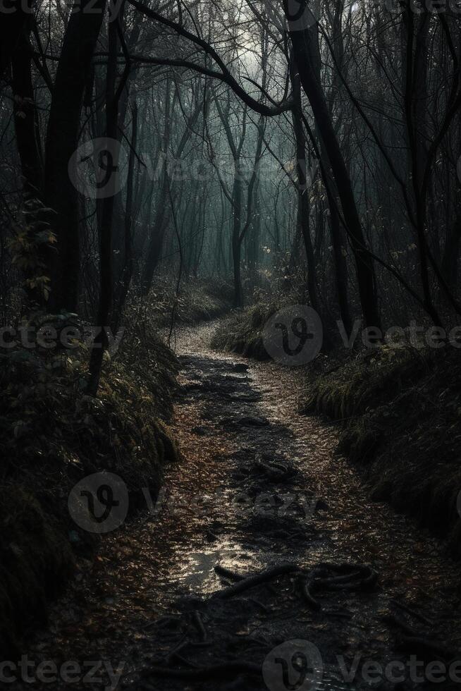 dunkel Wald, mit ein Pfad im das Mitte, Grusel Umgebungs, Bäume auf das Seite. ai generativ foto