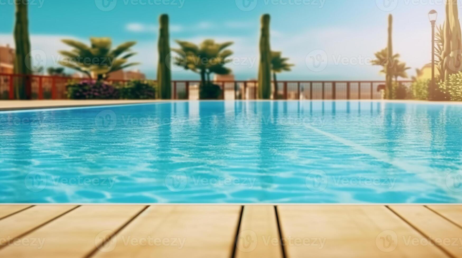 leeren am Pool Oberfläche mit Sommer- Reise Hotel Schwimmen Schwimmbad Hintergrund. ai generativ foto