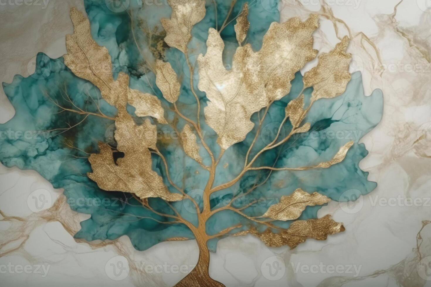 golden Baum, Grün, Licht grau, und Türkis 3d abstrakt Hintergrund,.ai generativ foto