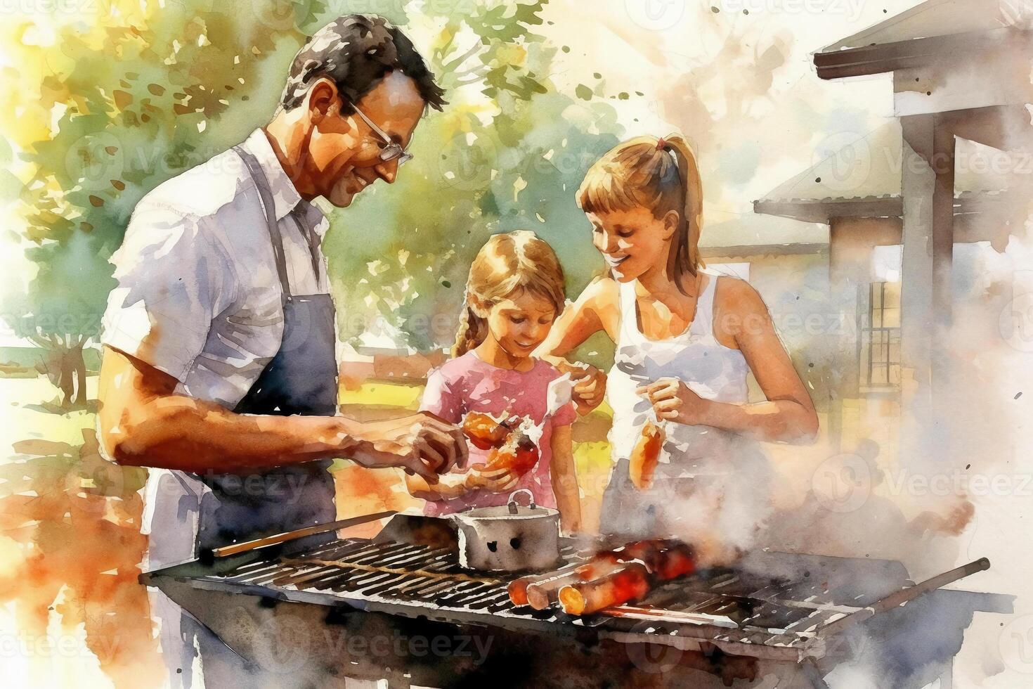 ein beschwingt und lebhaft Bild abbilden ein Vater Grillen und genießen ein Grill mit seine Familie. ai generativ foto