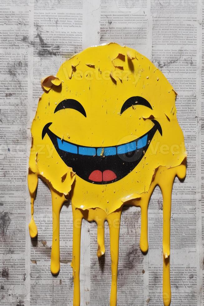 Gelb Farbe tropft auf das Zeitung, Glück, Smiley Symbol. ai generativ foto