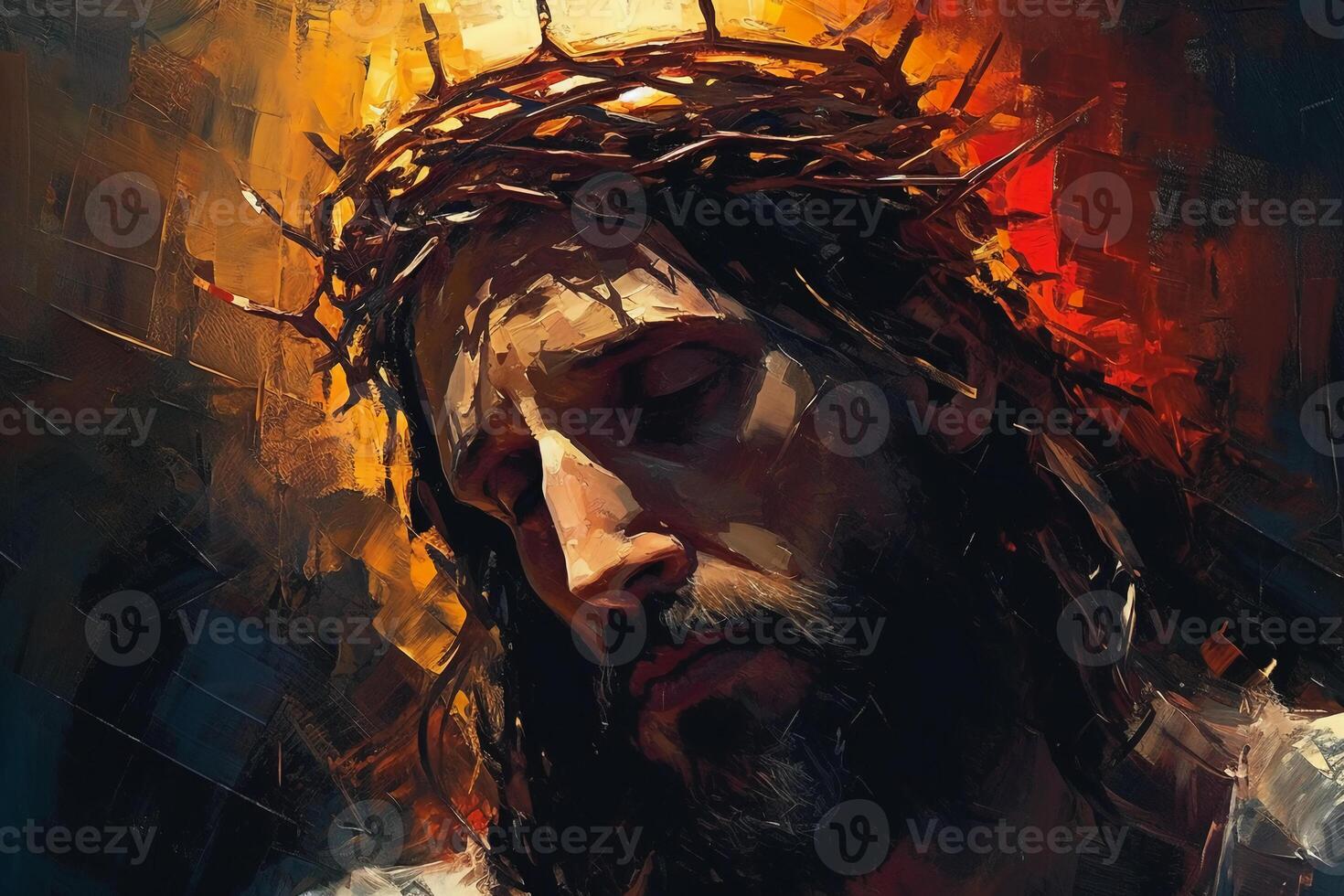 Jesus mit ein Krone von Dornen umgeben durch glühend Licht Palette Messer Zeichnung. ai generativ foto