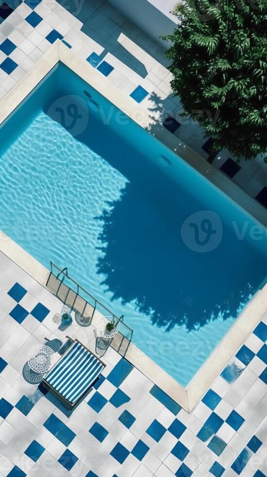 faulenzen durch das Schwimmbad mit Blau und Weiß Fliesen, ätzend Wasser, Brechung, Antenne oben Sicht. ai generativ foto