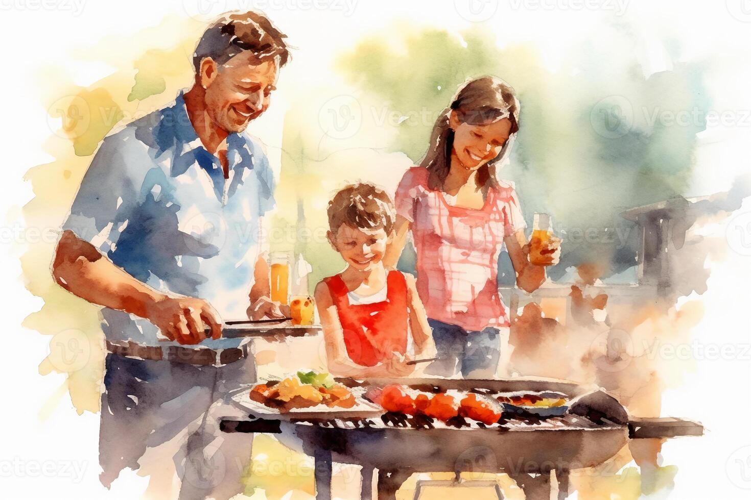 ein beschwingt und lebhaft Bild abbilden ein Vater Grillen und genießen ein Grill mit seine Familie. ai generativ foto