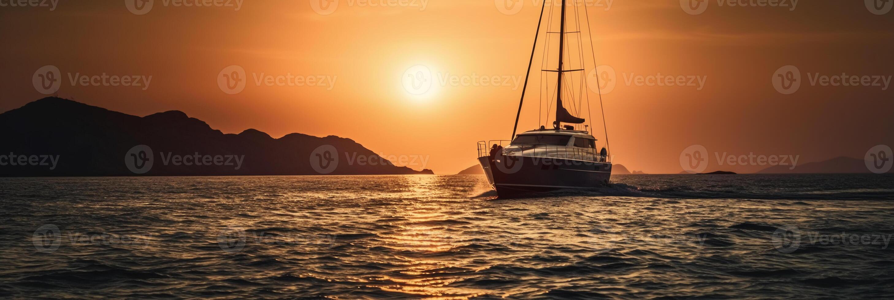 Luxus Yacht Segeln im das Mitte von das Meer neben ein Insel und Berge im das Horizont beim Sonnenuntergang wie breit Banner. ai generativ foto