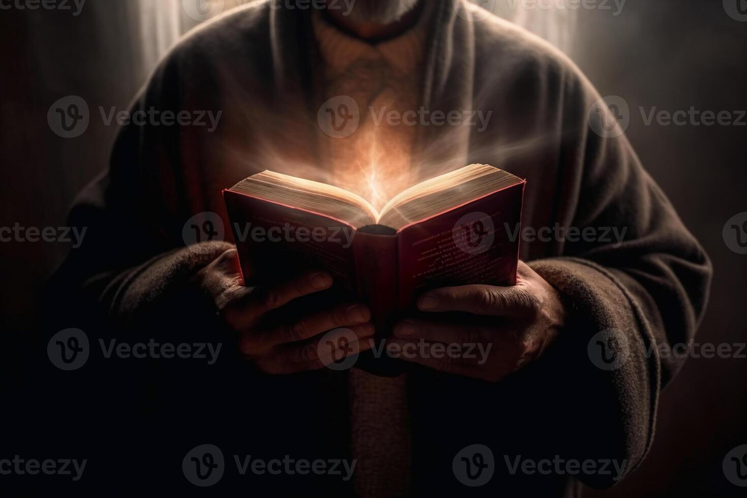 Mann ist halten und umarmen das Bibel auf seine Truhe mit Atmosphäre Licht. ai generativ foto