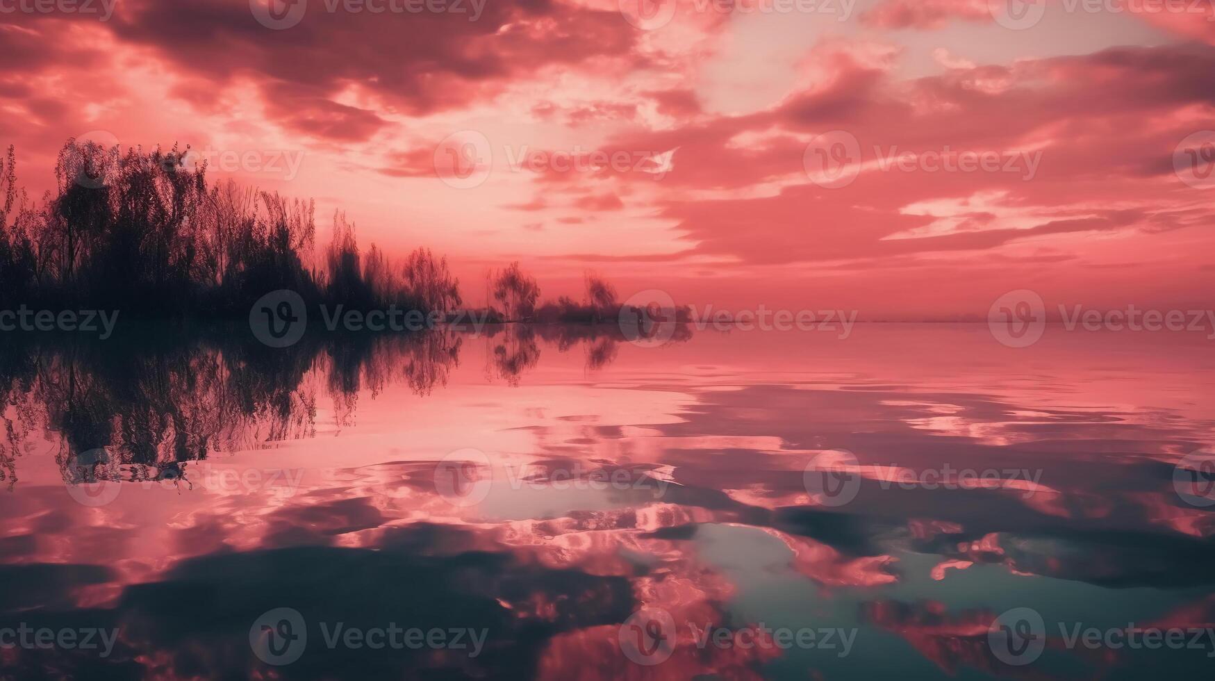 ein Szene im welche das ganz Rosa Himmel ist reflektiert im das Wasser. ai generativ foto