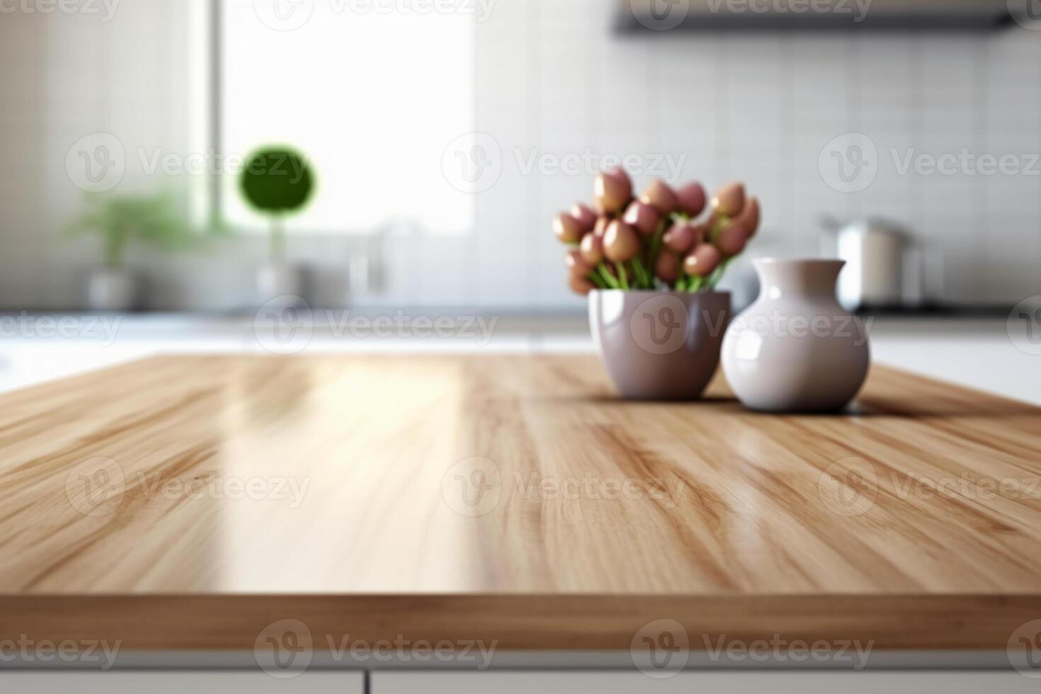 hölzern Tabelle oben auf verwischen Küche Zimmer Hintergrund. ai generativ foto