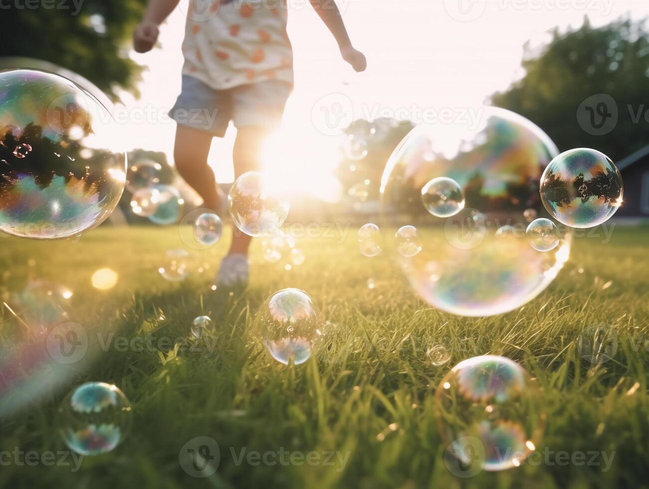 ein schließen oben von Riese Blasen, verschwommen Hintergrund von ein Kinder Bokeh Beine tragen Weiß Kleider und Laufen um auf das Rasen. ai generativ foto