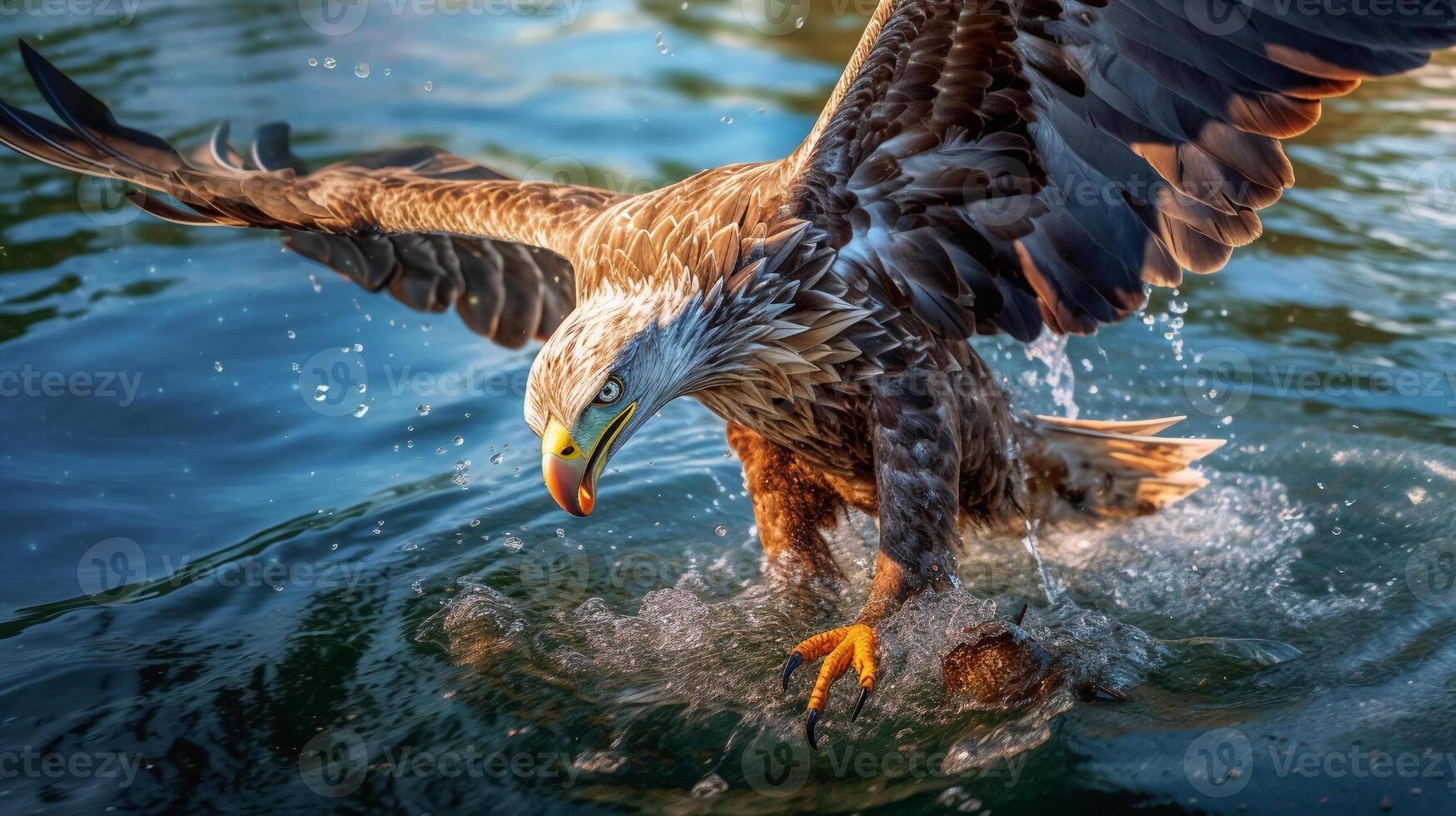 schließen oben von Adler greifen das Fisch über Blau Wasser. ai generativ foto