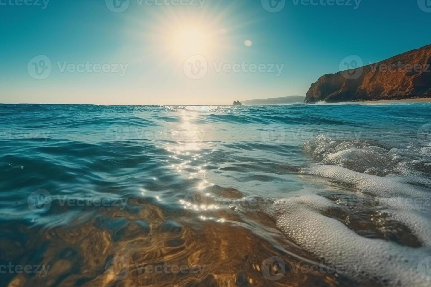 Sommer- Landschaft, Natur von tropisch mit Strahlen von Sonne Licht. schön Sonne Blendung im Welle von transparent Blau Wasser auf Strand gegen Blau Himmel. ai generativ foto