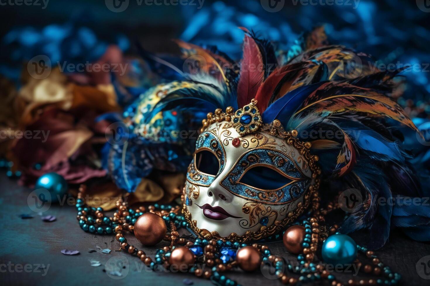 venezianisch Karneval Maske und Perlen Dekoration. Karneval gras Hintergrund. ai generativ foto