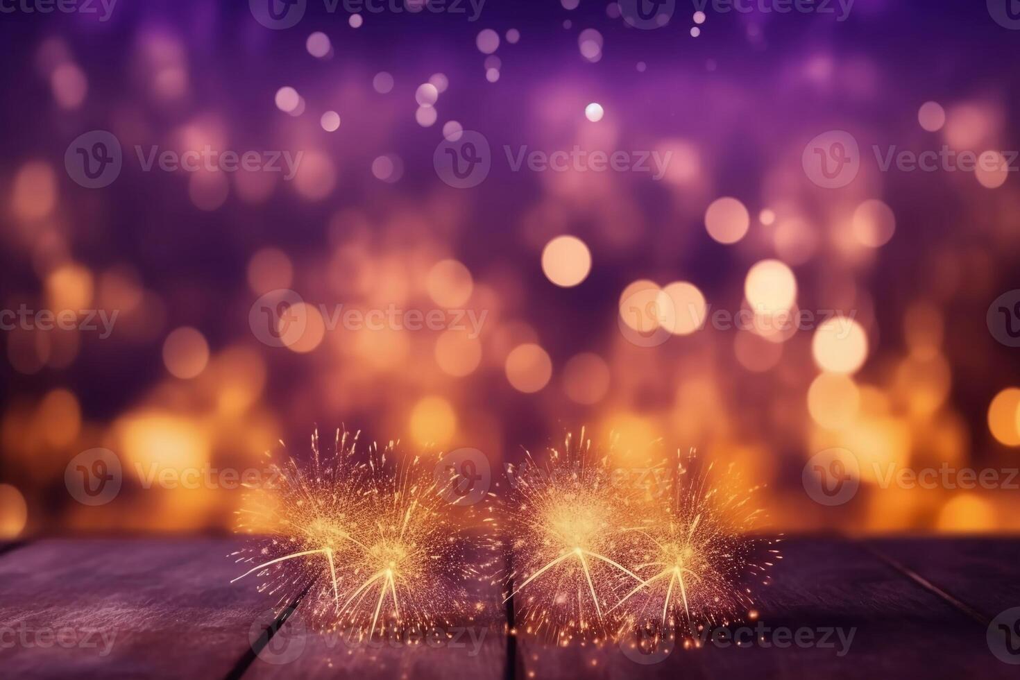 Gold und lila Feuerwerk und Bokeh im Neu Jahr Vorabend und Kopieren Raum. abstrakt Hintergrund Urlaub, ai generativ foto