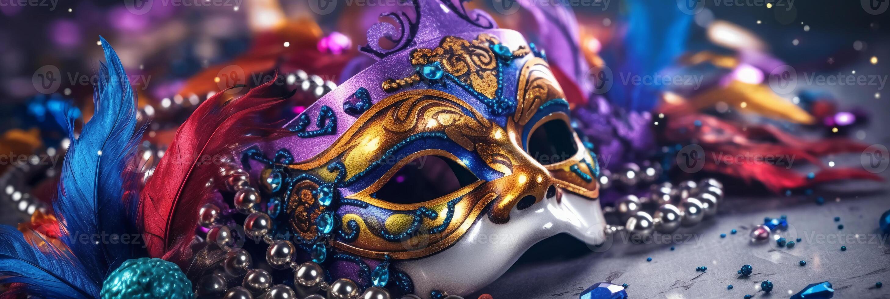 venezianisch Karneval Maske und Perlen Dekoration. Karneval gras Hintergrund. ai generativ foto