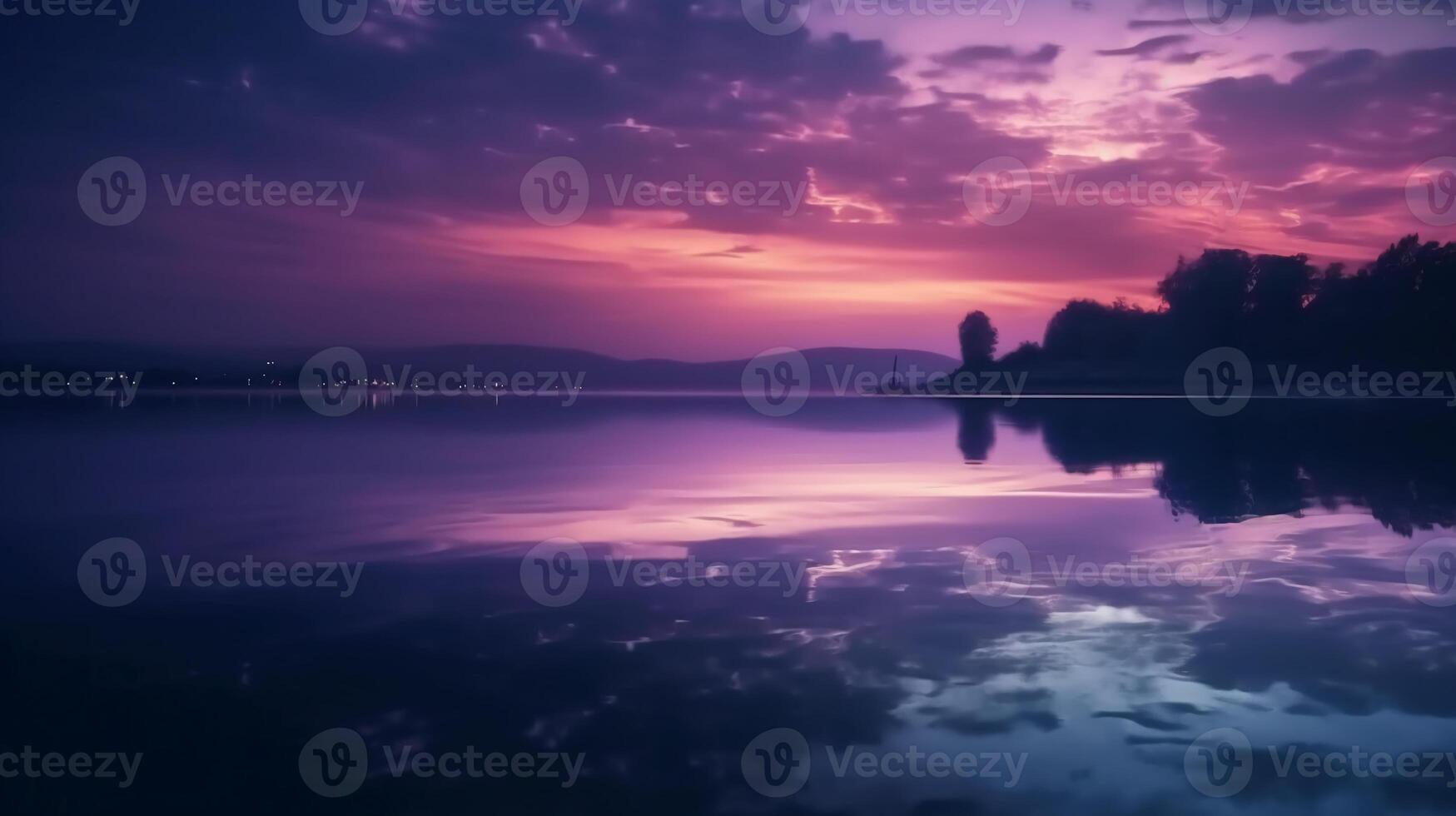 ein Szene im welche das ganz lila Himmel ist reflektiert im das Wasser. ai generativ foto