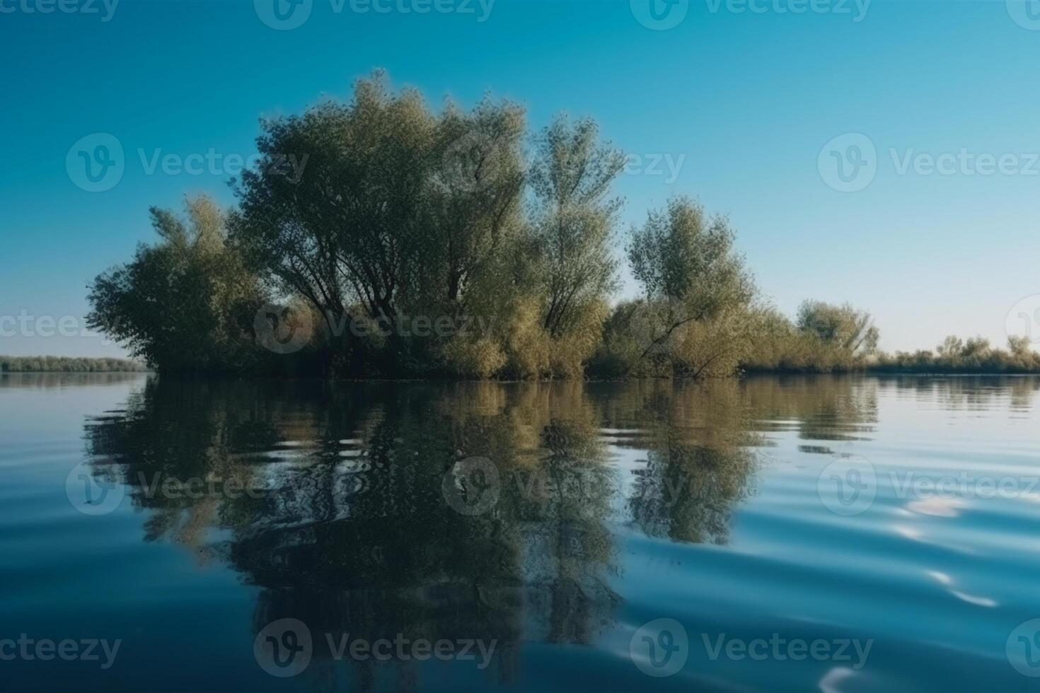 ein Szene im welche das ganz Licht Blau Himmel ist reflektiert im das Wasser. ai generativ foto