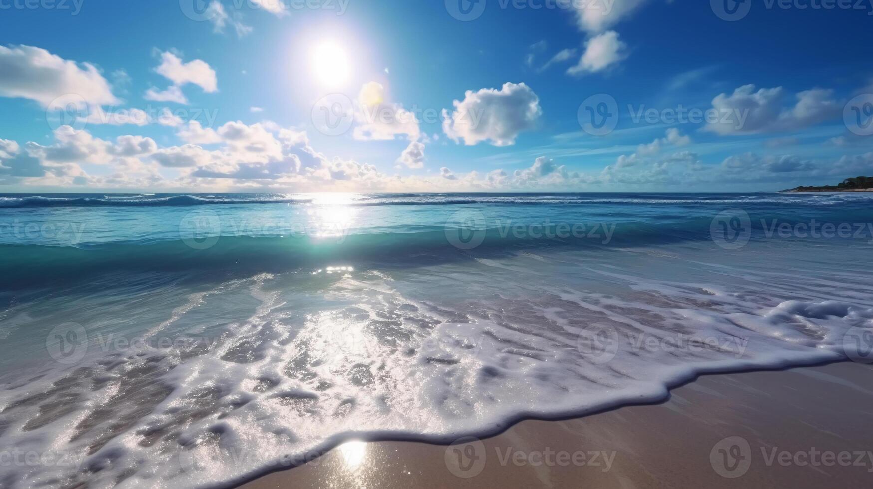 ein schön Strand mit Kristall Blau Wasser und Weiß Sand. ai generativ foto
