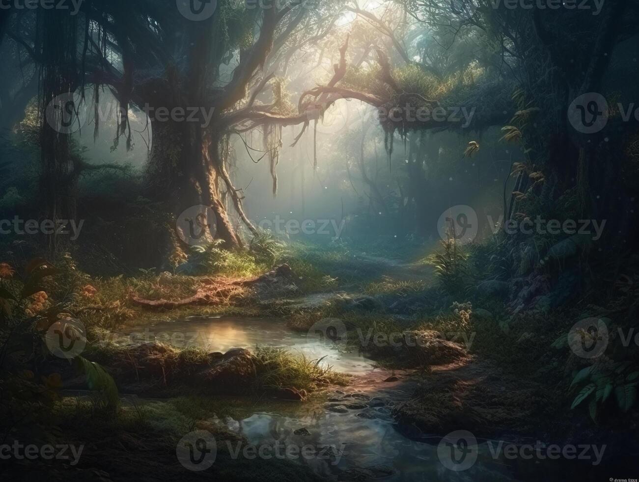 Lichtung im ein filmisch magisch Wald. ai generativ foto