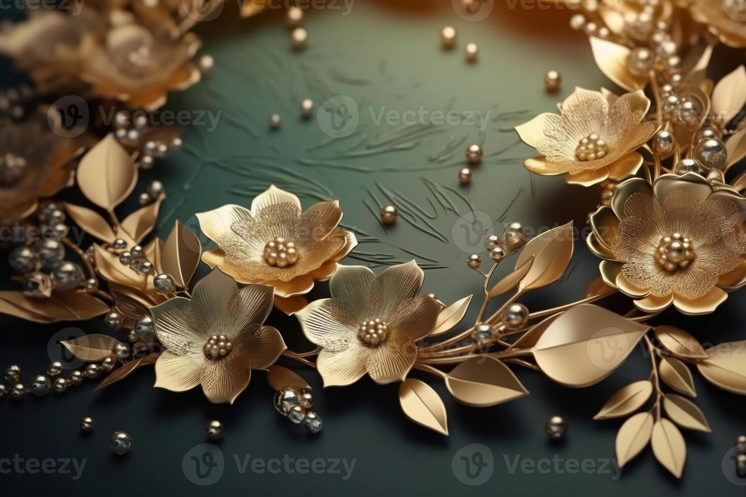 Wandgemälde Illustration Hintergrund mit golden Schmuck und Blumen, dekorativ Hintergrund. ai generativ foto