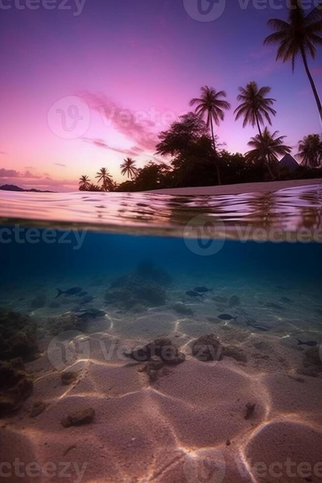 fotografieren von schön einladend Strand Szene mit lila Sonnenuntergang Himmel. ai generativ foto