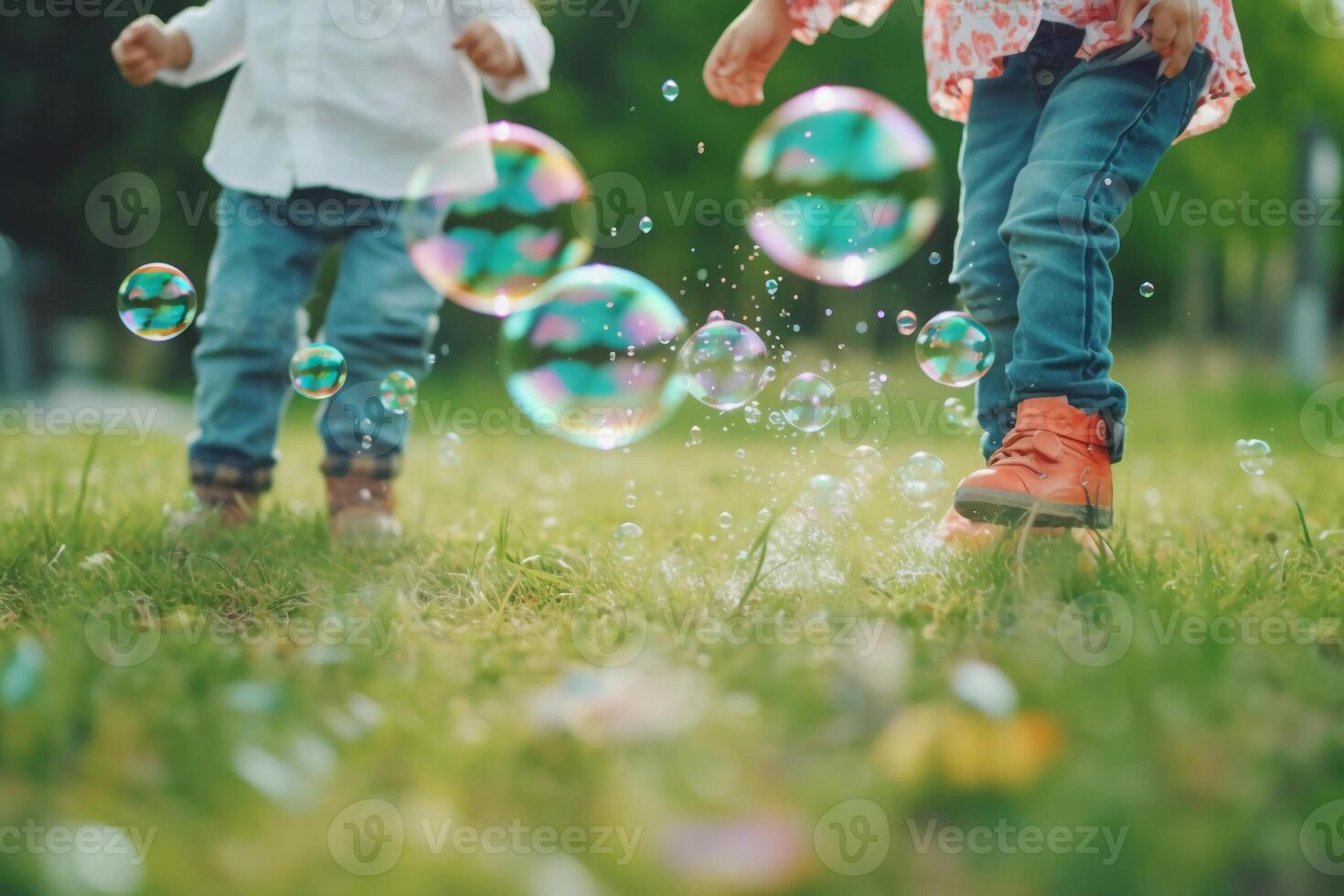 schließen oben groß Luftblasen verschwommen Hintergrund von ein Kinder Beine tragen Weiß Kleidung. ai generativ foto