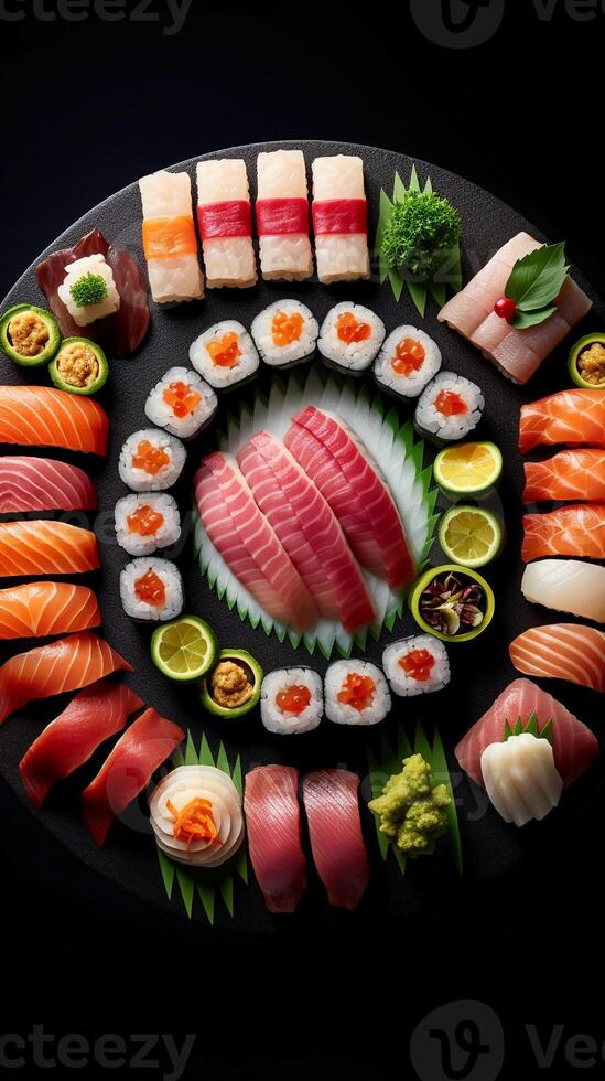 Sushi, dekonstruiert Meisterwerk, beschwingt Fisch Scheiben. ai generativ foto