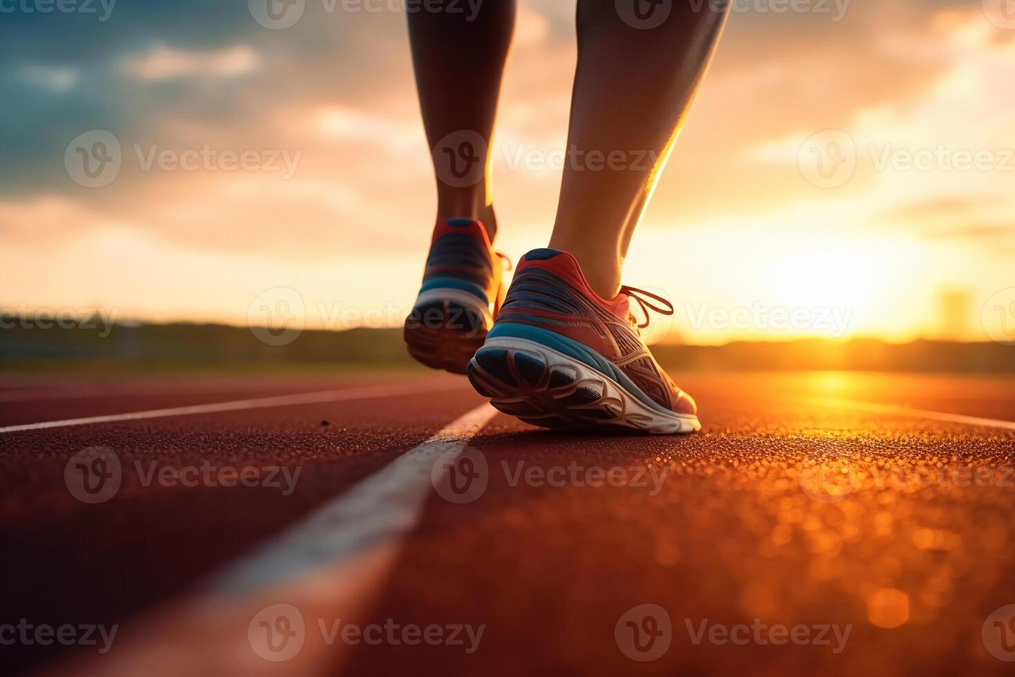 Läufer Füße im ein sportlich Laufen Schiene. jung Mann Athlet Ausbildung beim Sonnenuntergang. ai generativ foto