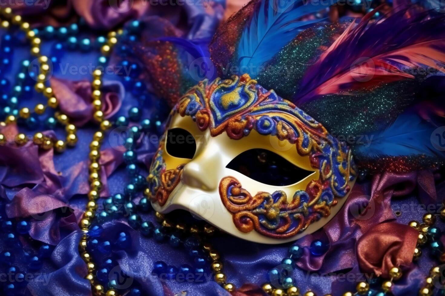 venezianisch Karneval Maske und Perlen Dekoration. Karneval gras Hintergrund. ai generativ foto